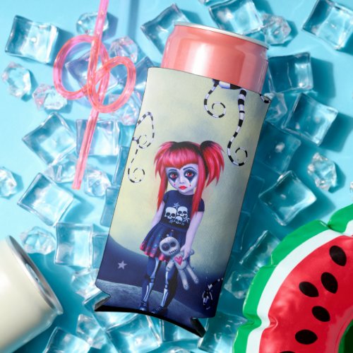 Gothic girl voodoo doll and creepy vines seltzer can cooler