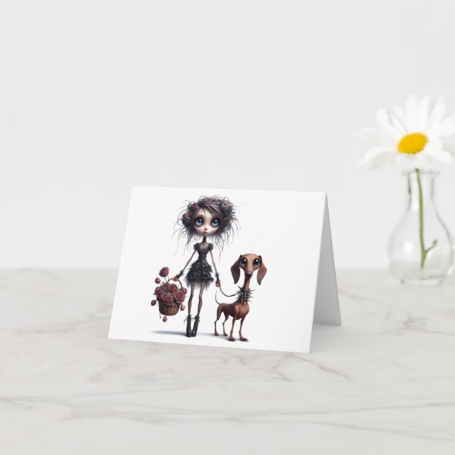 Gothic Girl with Skinny Dachshund Any Occasion Card (Small Plant)