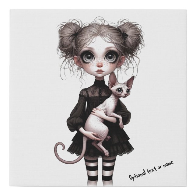 Gothic Girl with Sphynx Cat Faux Canvas Print (Front)