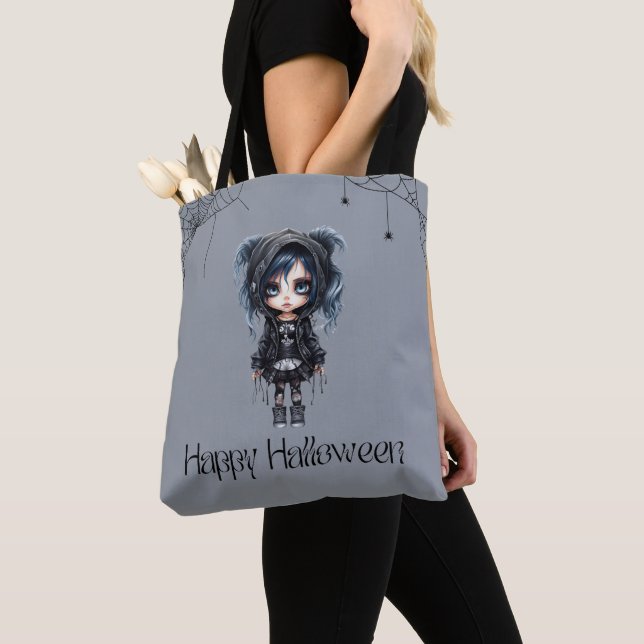Gothic Girl with Spiderwebs and Spiders Halloween Tote Bag (Close Up)