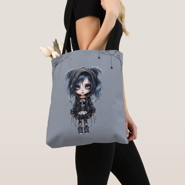 Gothic Girl with Spiderwebs and Spiders Halloween Tote Bag (Close Up)