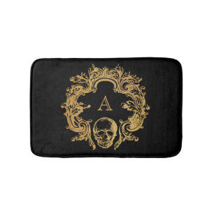 Gothic Glam Bath Mat Gold Skull Monogram
