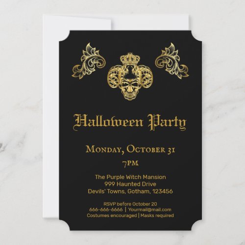  Gothic Glam Black  Gold Skull Halloween Party Invitation