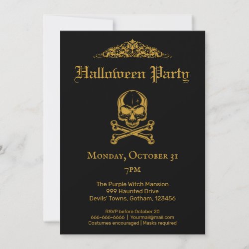 Gothic Glam Black  Gold Vintage Skulls Halloween Invitation