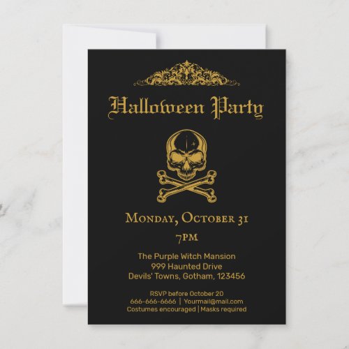 Gothic Glam Black  Gold Vintage Skulls Halloween  Invitation