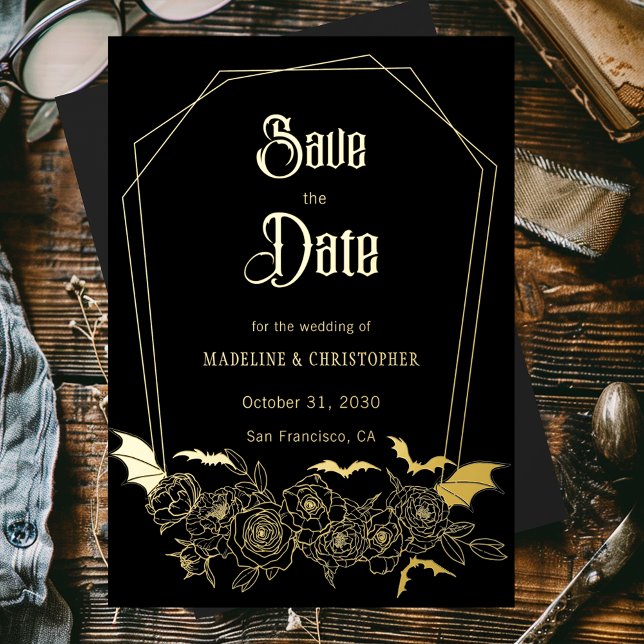 Gothic Glam Black Wedding Save the Date Foil Invitation (Creator Uploaded)