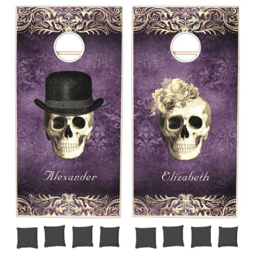 Gothic Glam Bride Groom Skulls Dark Purple Gold Cornhole Set