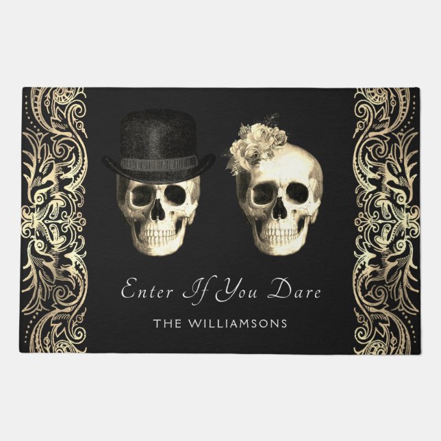 Gothic Glam Couple Skulls Halloween Personalized  Doormat (Front)