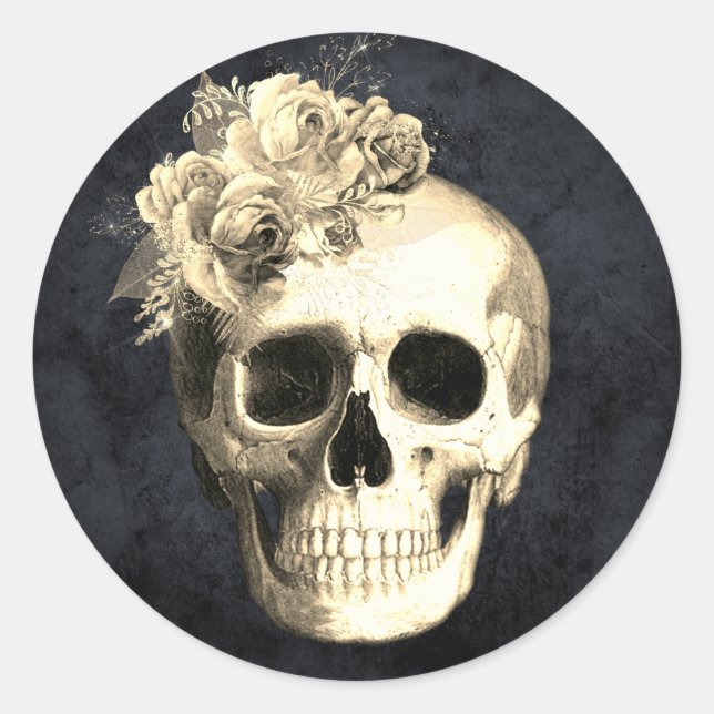 Gothic Glam Floral Skull    Classic Round Sticker (Front)