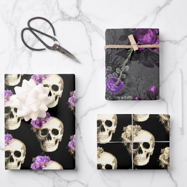 Gothic Glam Floral Skull Wrapping Paper Sheets (Front)