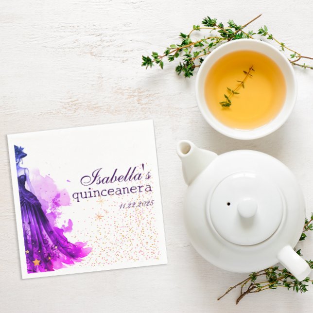 Gothic Glam Quince  purple dress Napkins ( These are napkins intended for a Quinceañera, designed with a Gothic Glam aesthetic.)