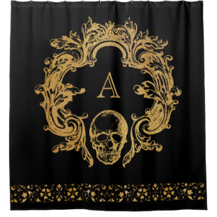 Gothic Glam Shower Curtain Gold Skull Monogram
