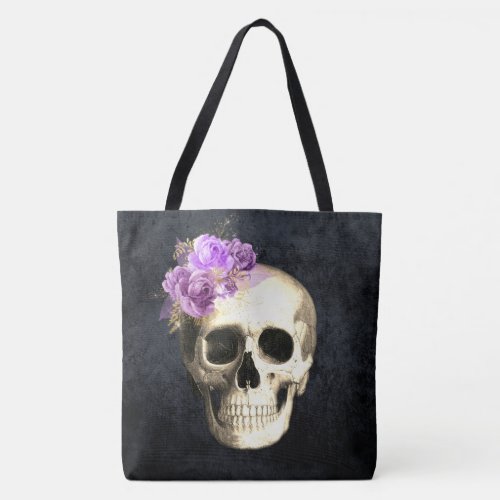 Gothic Glam Skull  Purple Roses Halloween Tote Bag