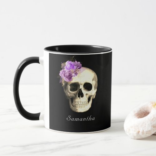 Gothic Glam Skull  Purple Roses Personalized Mug