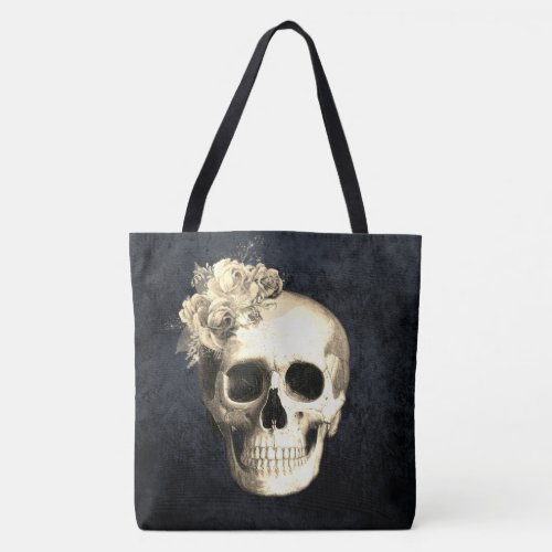 Gothic Glam Skull White Roses Halloween Tote Bag