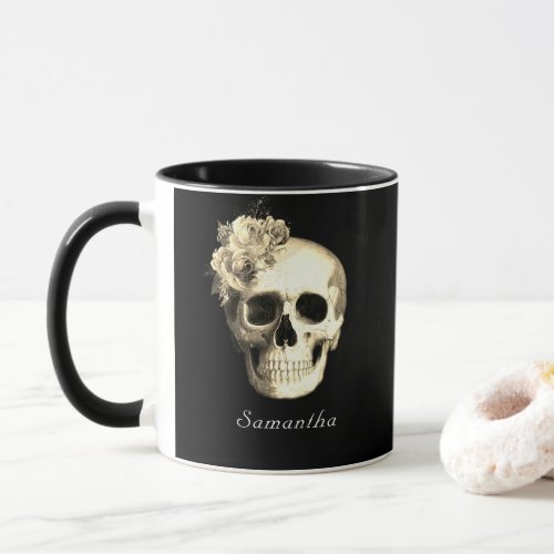 Gothic Glam Skull White Roses Personalized Mug
