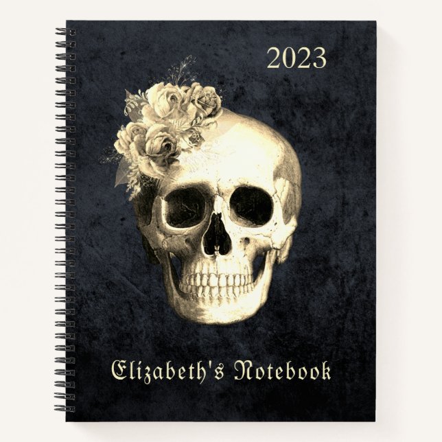  Gothic Glam Skull White Roses Personalized  Notebook (Front)