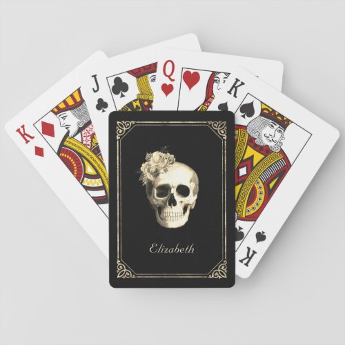 Gothic Glam Skull White Roses Personalized Poker Cards