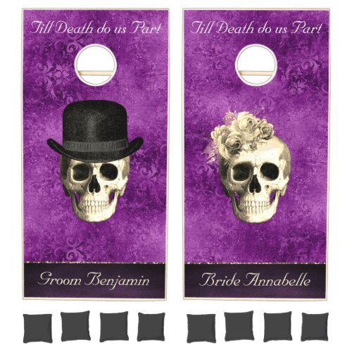 Gothic Glam Skulls Bride and Groom Purple Vintage Cornhole Set