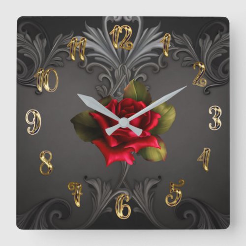 Gothic Glamor Red Rose Black Ornamental Glam Square Wall Clock