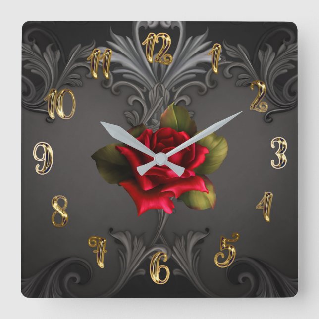 Gothic Glamor Red Rose Black Ornamental Glam Square Wall Clock (Front)