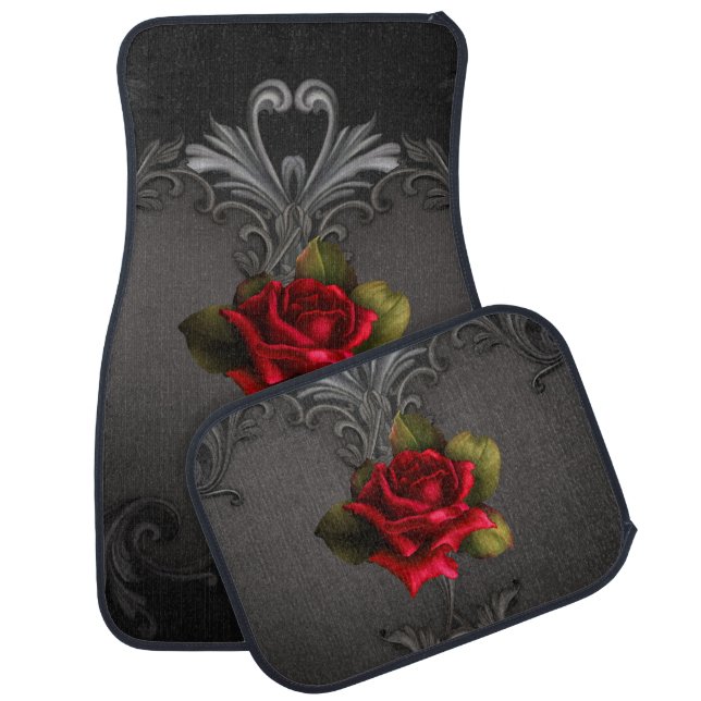 Gothic Glamour Red Rose Black Ornamental Glam Car Mat (Set)