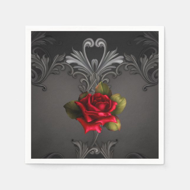Gothic Glamour Red Rose Black Ornamental Glam Paper Napkins (Front)