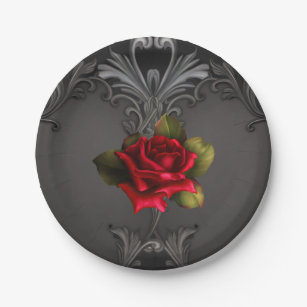 Gothic Glamour Red Rose Black Ornamental Glam Paper Plates