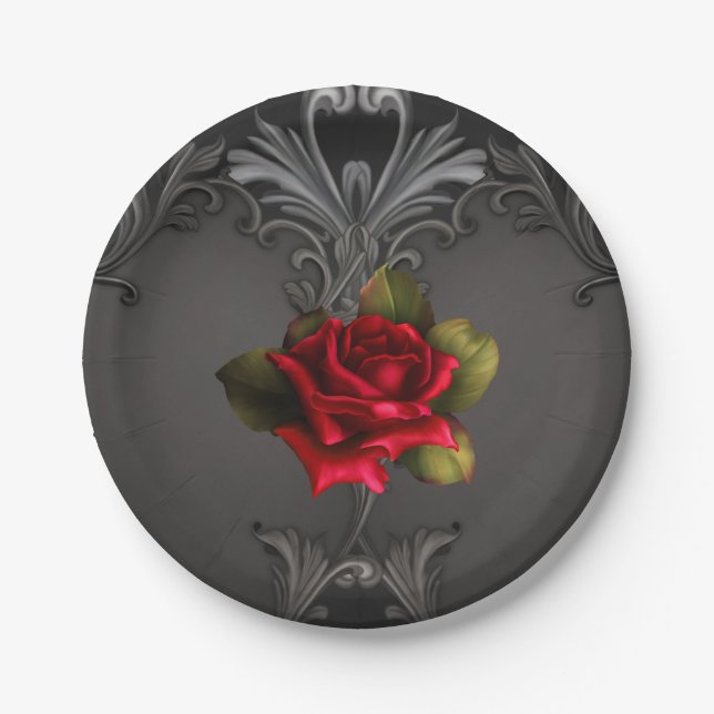 Gothic Glamour Red Rose Black Ornamental Glam Paper Plates (Front)