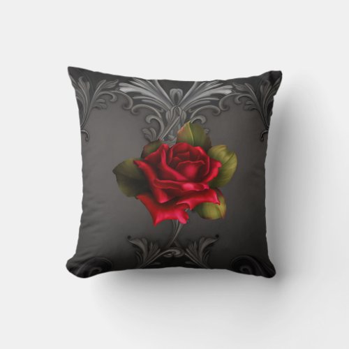 Gothic Glamour Red Rose Black Ornamental Glam Throw Pillow