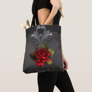 Gothic Glamour Red Rose Black Ornamental Glam Tote Bag