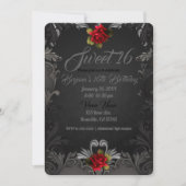 Gothic Glamour Red Rose Black Ornamental Sweet 16 Invitation (Front)
