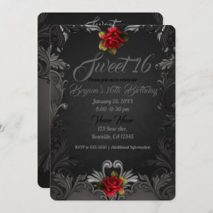 Gothic Glamour Red Rose Black Ornamental Sweet 16 Invitation
