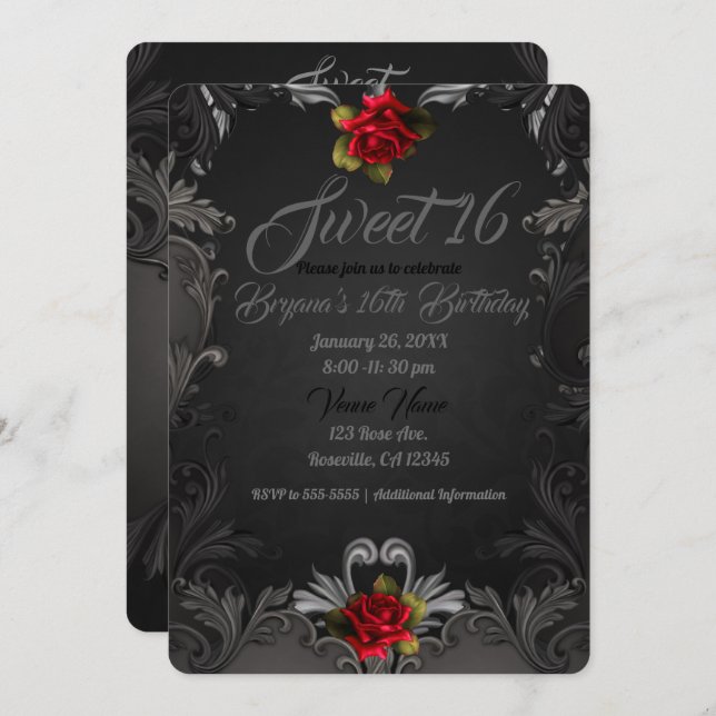 Gothic Glamour Red Rose Black Ornamental Sweet 16 Invitation (Front/Back)
