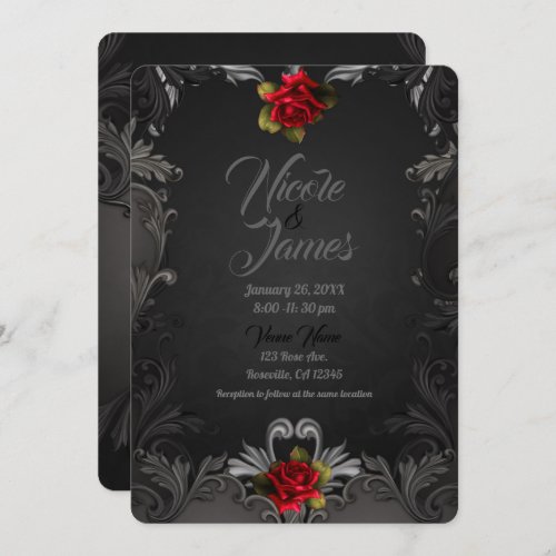 Gothic Glamour Red Rose Black Ornamental Wedding Invitation