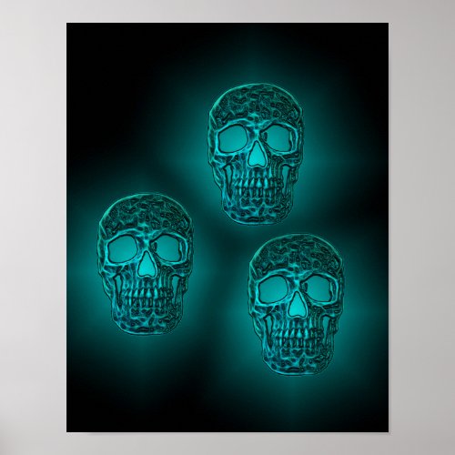 Gothic Glowing Skull Teal Green Cool Scary Pattern Poster