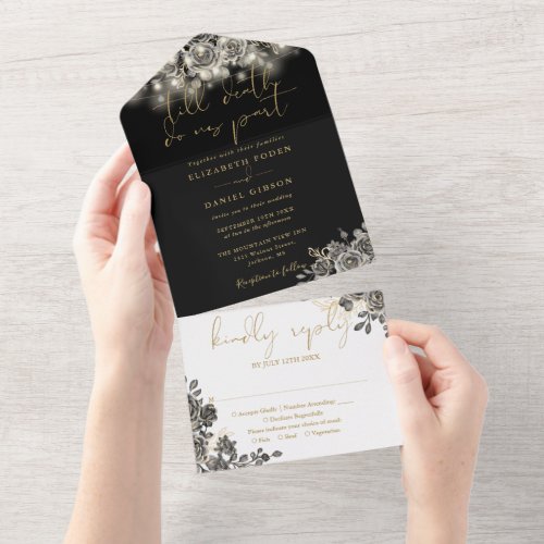 Gothic Gold And Black Floral String Lights Wedding All In One Invitation