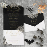 Gothic Gold And Black Roses Floral Wedding All In One Invitation<br><div class="desc">All in one gothic wedding invitation featuring black and gold roses florals falling across elegant typography. The invitation includes a perforated RSVP card that can be individually addressed or left blank for you to handwrite your guest's address details. Designed by Thisisnotme©</div>