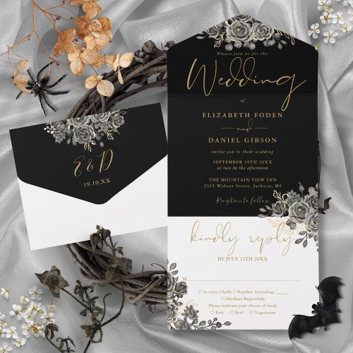 Gothic Gold And Black Roses Floral Wedding All In One Invitation