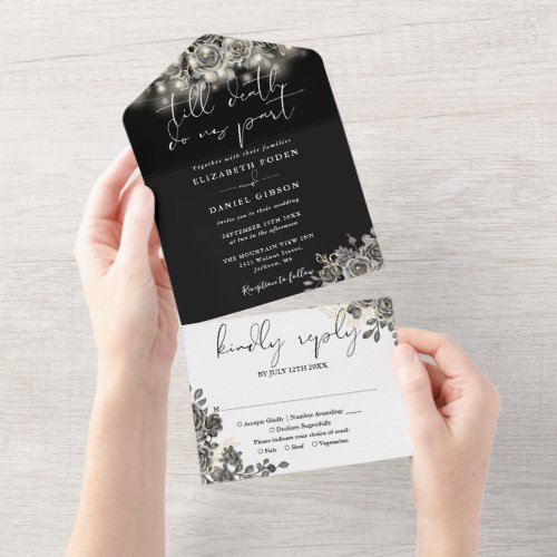 Gothic Gold And White Floral String Lights Wedding All In One Invitation