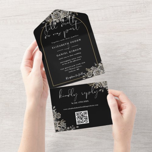 Gothic Gold Arch Black Roses QR Code Wedding All In One Invitation