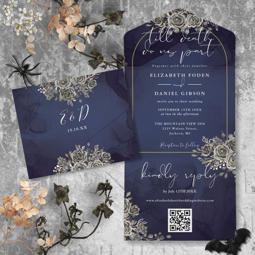 Gothic Gold Arch Black Roses QR Code Wedding All In One Invitation