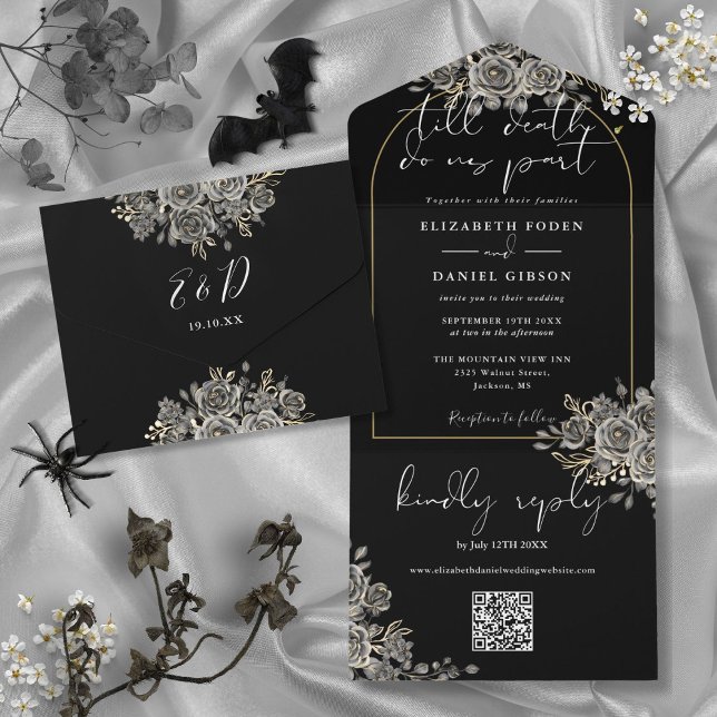 Gothic Gold Arch Black Roses QR Code Wedding All In One Invitation (Gothic Gold Arch Black Roses QR Code Wedding All In One Invitation)