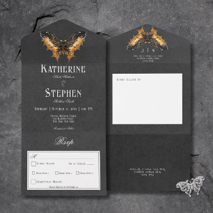 Gothic Gold & Black Moth Moody Dinner All In One Invitation