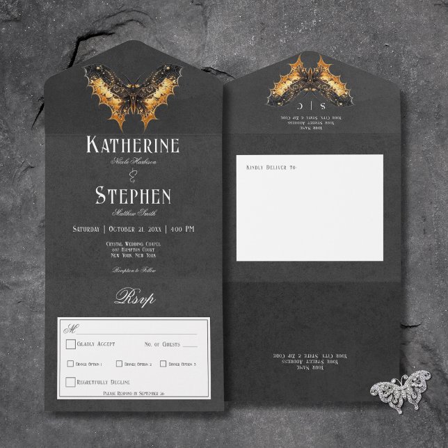 Gothic Gold & Black Moth Moody Dinner All In One Invitation (Gothic Black & Gold Moth Moody All In One Wedding Invitation with Dinner Options)