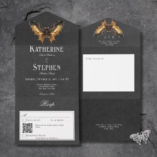 Gothic Gold & Black Moth Moody QR Code All In One Invitation