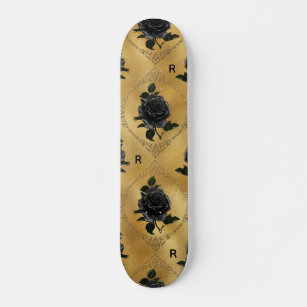 Gothic Gold & Black Rose Flower Monogram Initial Skateboard
