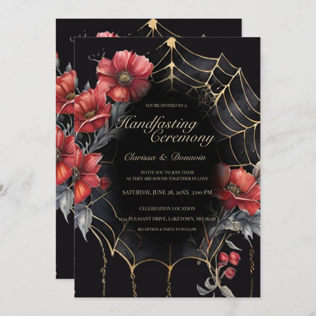 Gothic Gold & Red Spider Floral Web Handfasting Invitation (Front/Back)