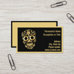Gothic Gold Skeleton Skull on Black  Business Card