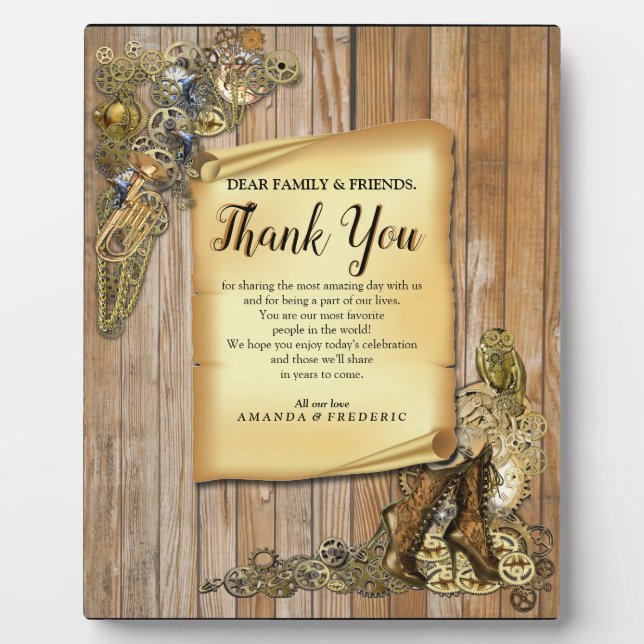 Gothic-Gold Steampunk Thank You On Wood Plaque (Front)